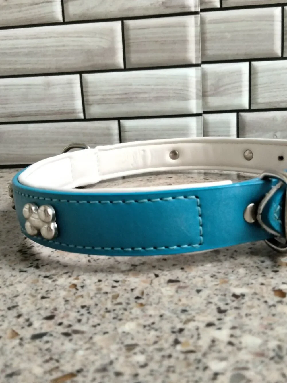 Blue White & Chrome Leather Dog Collar 24